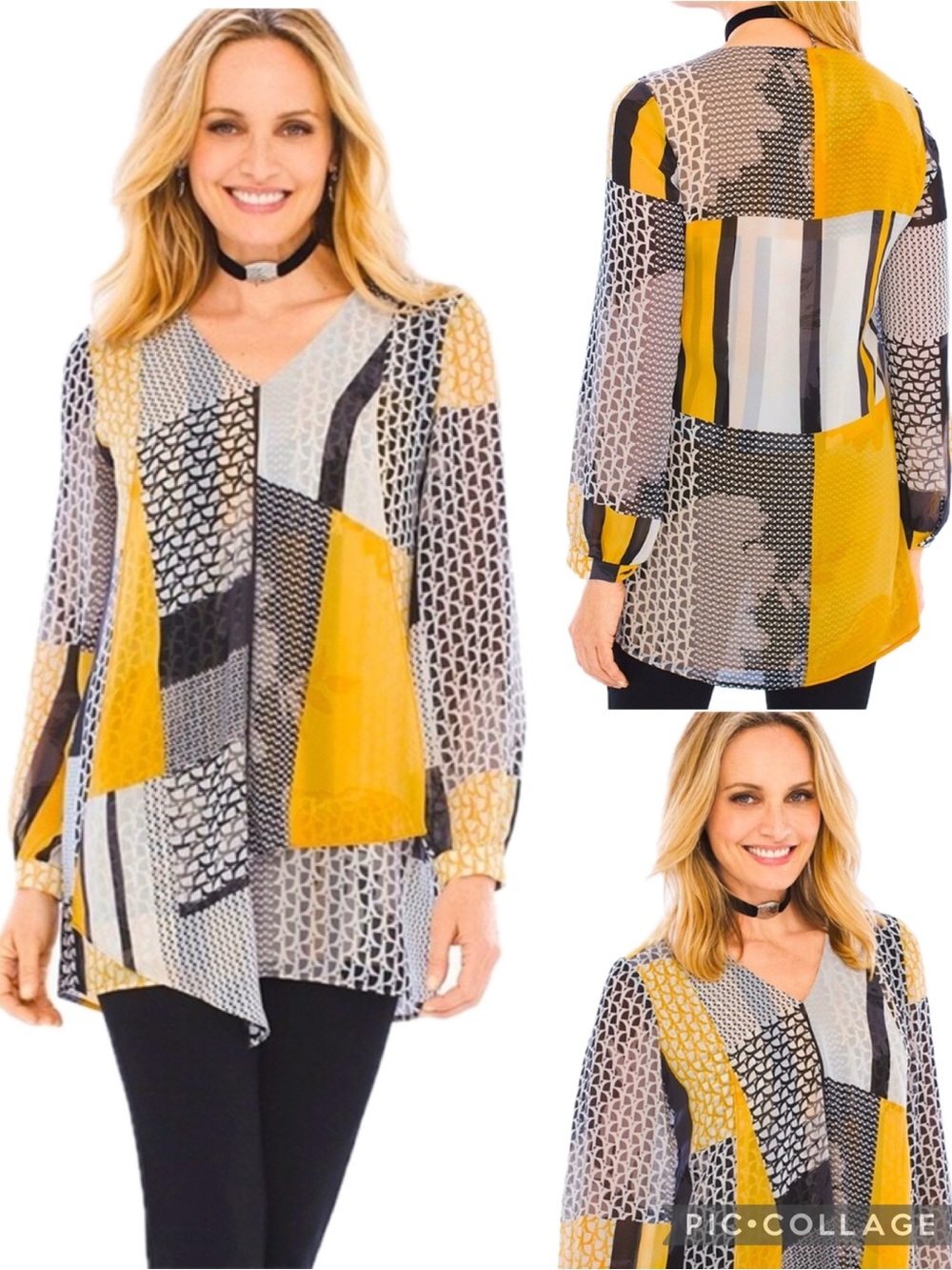 Chico’s Chiffon Yellow & Black Mixed Media Block-Print Long Sleeve Flowy Blouse